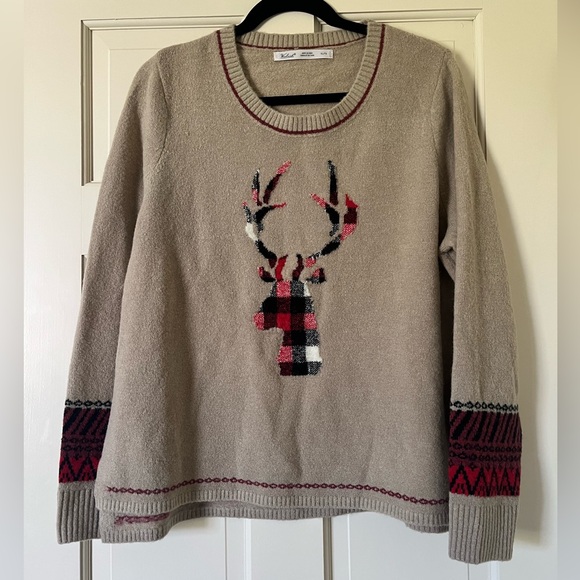 Woolrich Women's Wool Blend Christmas Holiday Sweater Size XL Beige Reindeer - Picture 1 of 11